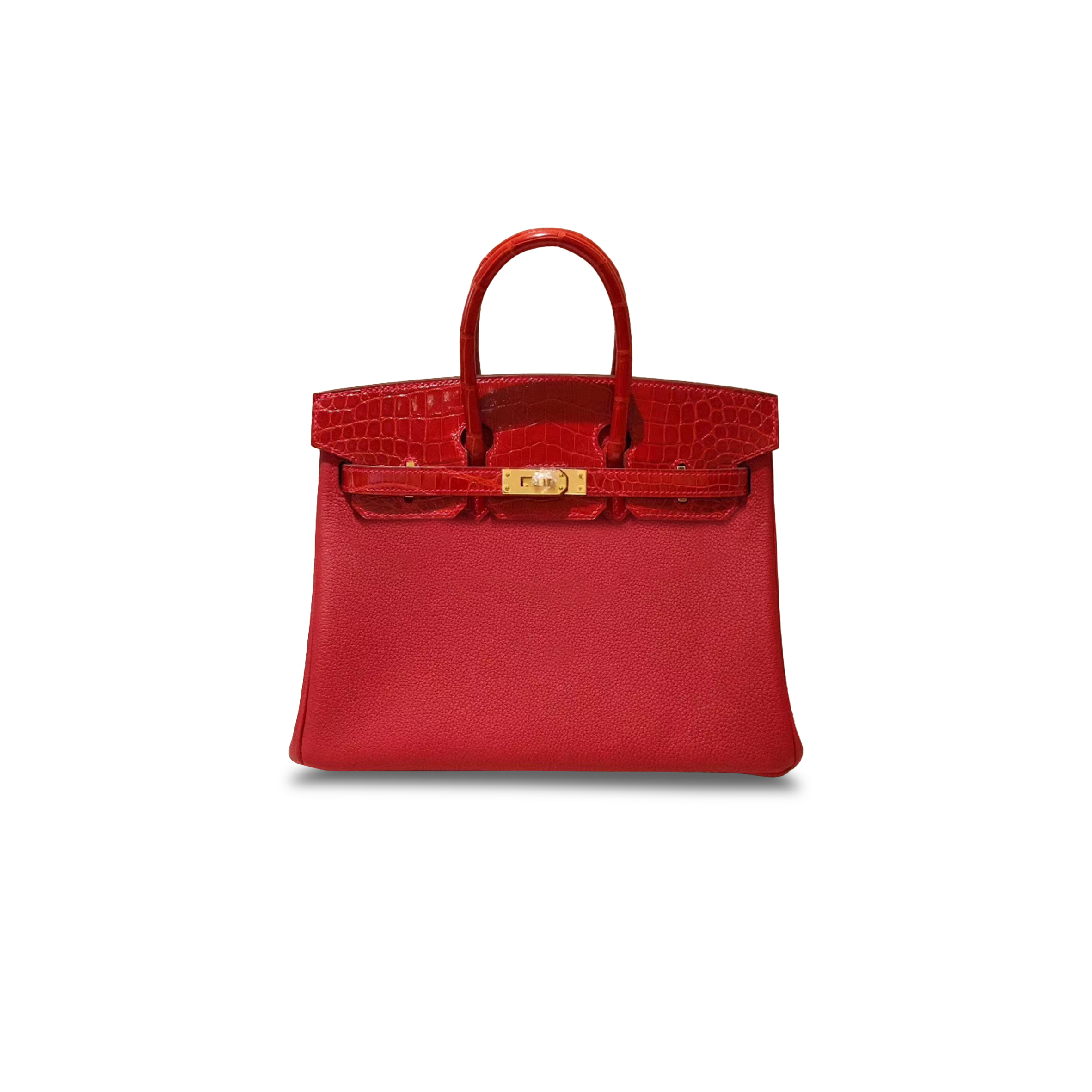 H**mes master birkin 25 crocodile and togo leather flag red gold buckle h076216ck16 (25*20*13cm)